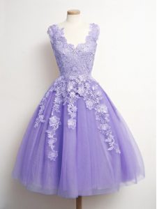 Latest Tulle V-neck Sleeveless Lace Up Appliques Wedding Guest Dresses in Lavender