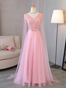 Glorious Baby Pink Empire Tulle V-neck Long Sleeves Beading Floor Length Lace Up Celebrity Evening Dresses