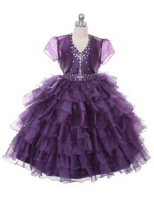 Amazing Purple Lace Up Kids Pageant Dress Ruffled Layers Sleeveless Floor Length