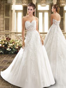Custom Design Sweetheart Sleeveless Wedding Gown Brush Train Lace White Tulle