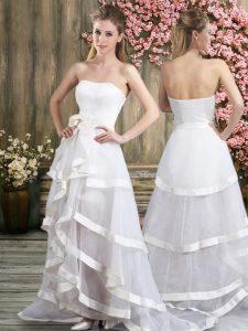 Off The Shoulder Sleeveless Tulle Wedding Dresses Ruffled Layers and Belt Sweep Train Backless