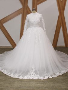 Fashionable White Wedding Dress Tulle Court Train Long Sleeves Lace and Appliques