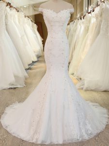 White Wedding Gowns Beach and Wedding Party with Beading and Appliques Off The Shoulder Sleeveless Brush Train Zipper