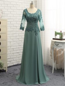 Long Sleeves Chiffon Floor Length Zipper Mother of Groom Dress in Green with Lace and Appliques and Ruching