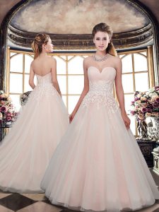Fitting Pink A-line Tulle Sweetheart Sleeveless Lace Zipper Wedding Dresses Brush Train