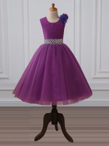 New Style Ball Gowns Kids Formal Wear Purple Scoop Tulle Sleeveless Tea Length Zipper