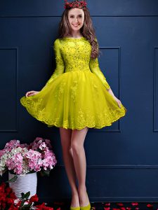 Cute 3 4 Length Sleeve Chiffon Mini Length Lace Up Dama Dress in Yellow with Beading and Lace and Appliques