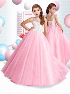 Floor Length Rose Pink Kids Pageant Dress Scoop Sleeveless Lace Up