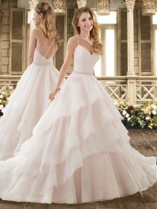 Classical Pink Tulle Criss Cross Wedding Gowns Sleeveless Brush Train Beading and Ruffled Layers