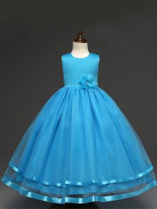 Beauteous Baby Blue Tulle Zipper Flower Girl Dresses Sleeveless Floor Length Hand Made Flower