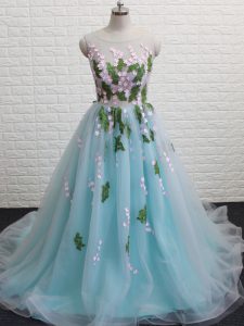Sleeveless Tulle Brush Train Backless Prom Evening Gown in Aqua Blue with Appliques