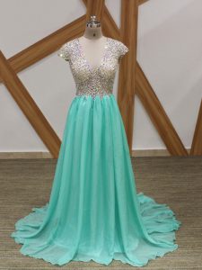 Short Sleeves Beading Backless Evening Gowns with Apple Green Brush Train