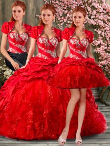 Lovely Red Ball Gowns Sweetheart Sleeveless Organza and Taffeta Floor Length Lace Up Beading and Ruffles Quinceanera Gow