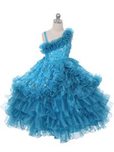 Gorgeous Teal Lace Up Asymmetric Lace and Ruffles and Ruffled Layers Girls Pageant Dresses Organza Sleeveless