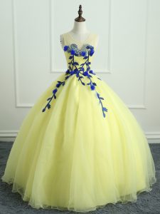 Sleeveless Organza Floor Length Lace Up Quinceanera Gown in Light Yellow with Hand Made Flower