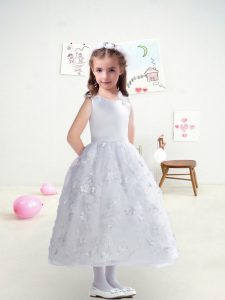 Sleeveless Tea Length Appliques Zipper Toddler Flower Girl Dress with White