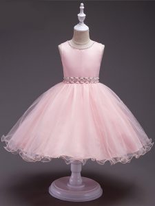 Baby Pink Sleeveless Beading Knee Length Toddler Flower Girl Dress