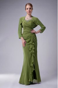Cheap Floor Length Zipper Mother of Groom Dress Olive Green for Prom and Party with Beading