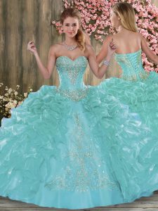 Exceptional Aqua Blue Ball Gowns Beading and Ruffles Sweet 16 Dress Lace Up Organza Sleeveless Floor Length
