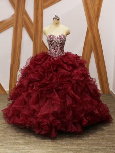 Most Popular Sweetheart Sleeveless Brush Train Lace Up Quinceanera Dresses Burgundy Organza