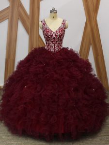 Wonderful Burgundy V-neck Neckline Beading and Ruffles Quinceanera Gowns Sleeveless Backless