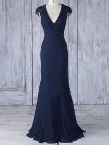 On Sale V-neck Cap Sleeves Dama Dress for Quinceanera Floor Length Lace Navy Blue Chiffon
