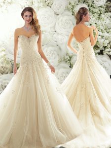 Custom Made Sweetheart Sleeveless Wedding Gowns Court Train Lace Champagne Tulle