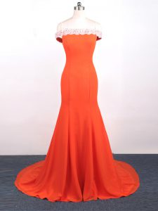 Mermaid Sleeveless Orange Red Evening Gowns Watteau Train Side Zipper