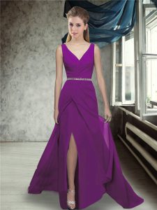 Chiffon V-neck Sleeveless Brush Train Zipper Beading Dama Dress in Purple