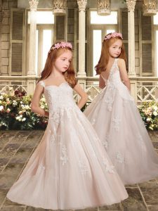 Custom Made White Straps Neckline Lace Flower Girl Dress Sleeveless Backless