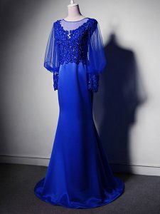 Sweet Royal Blue Long Sleeves Brush Train Beading and Lace and Appliques Mother of Bride Dresses
