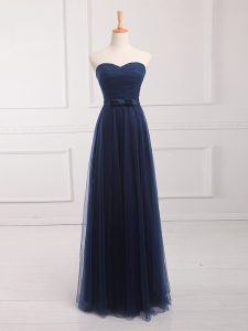 Shining Navy Blue Sleeveless Floor Length Belt Lace Up Bridesmaid Dresses