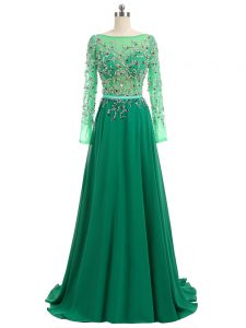 Ideal Green Empire Beading Prom Gown Backless Chiffon Long Sleeves