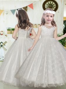 Sleeveless Tulle Floor Length Clasp Handle Flower Girl Dress in White with Lace