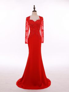 Red Scoop Zipper Lace and Appliques Mother of Groom Dress Long Sleeves
