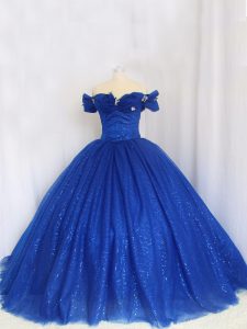 On Sale Royal Blue Off The Shoulder Neckline Hand Made Flower Quinceanera Gown Cap Sleeves Lace Up