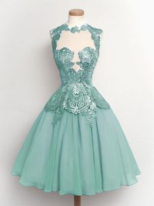 Colorful Light Blue Lace Up High-neck Lace Court Dresses for Sweet 16 Chiffon Sleeveless
