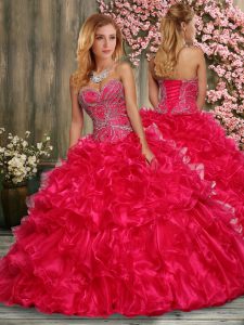 Hot Pink Lace Up Quinceanera Gowns Beading and Ruffles Sleeveless Floor Length