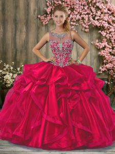 Captivating Hot Pink Organza Lace Up 15 Quinceanera Dress Sleeveless Floor Length Beading and Ruffles