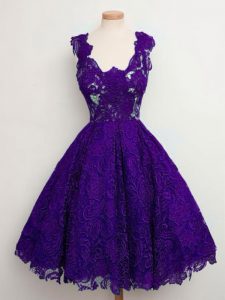 Purple A-line Straps Sleeveless Lace Knee Length Lace Up Lace Quinceanera Court Dresses