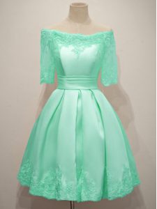 Charming Turquoise Off The Shoulder Neckline Lace Court Dresses for Sweet 16 Half Sleeves Lace Up