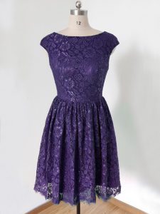Knee Length Lace Up Quinceanera Dama Dress Purple for Prom and Party and Wedding Party with Lace