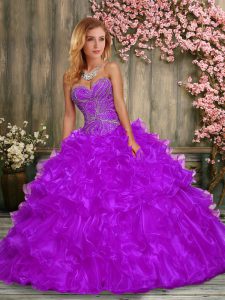 Beading and Ruffles Quince Ball Gowns Purple Lace Up Sleeveless Floor Length