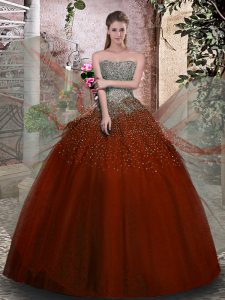 Comfortable Floor Length Rust Red 15 Quinceanera Dress Tulle Sleeveless Beading