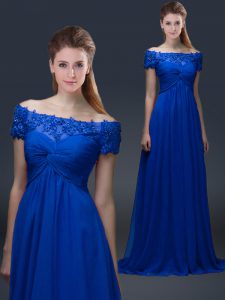 Blue Lace Up Mother of Bride Dresses Appliques Short Sleeves Floor Length