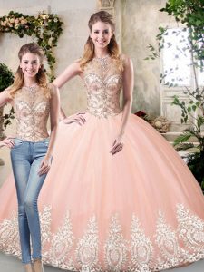 Attractive Peach Ball Gown Prom Dress Prom and Party and Military Ball and Sweet 16 and Quinceanera with Beading and Lac