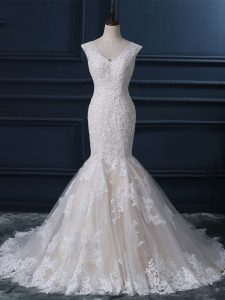 Super White Wedding Dresses Wedding Party with Lace V-neck Sleeveless Brush Train Zipper