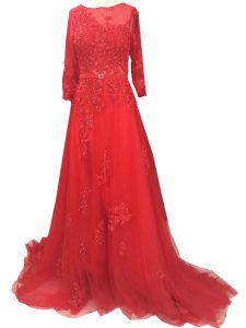 Dramatic Red Prom Party Dress Bateau Long Sleeves Brush Train Zipper