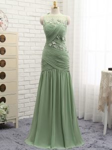 High Quality Olive Green Scoop Neckline Ruching and Hand Made Flower Prom Gown Sleeveless Zipper