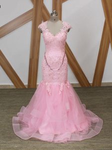 Baby Pink Mermaid Tulle V-neck Cap Sleeves Beading and Lace and Appliques and Ruffles Backless Evening Party Dresses